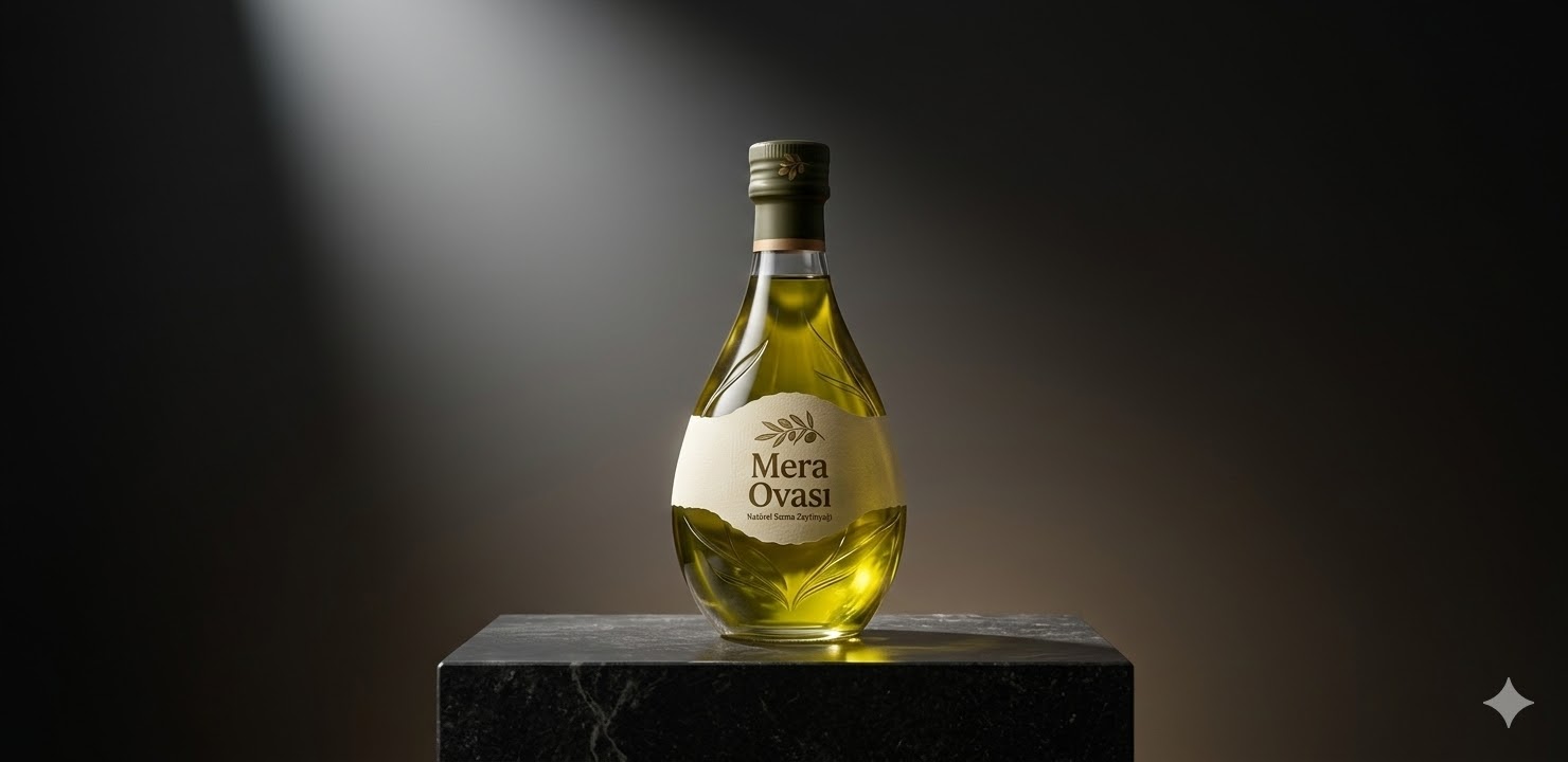 Mera Ovası zeytinyağı şişesi premium sunumda